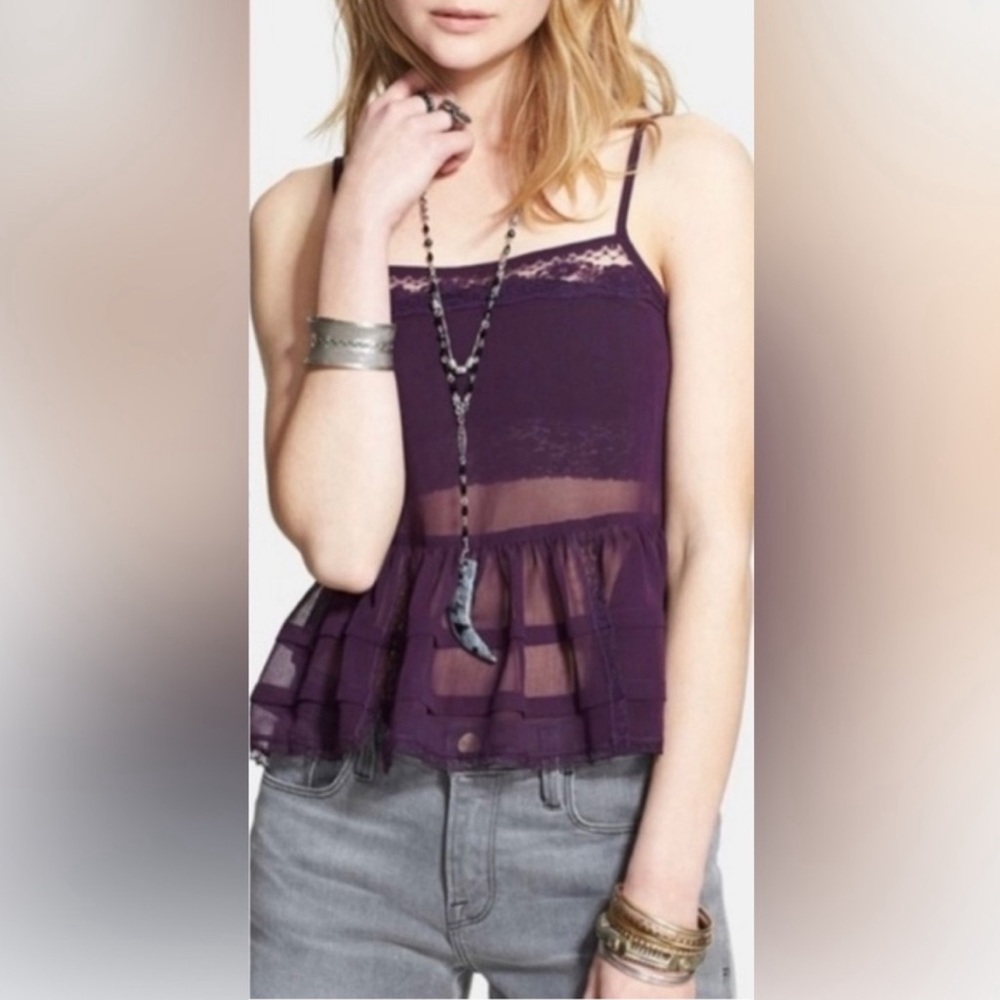 Plum Free People Mesh & Lace Tank Top